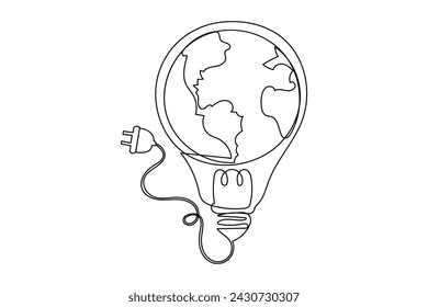 Continuous one line Earth globe inside lightbulb and earth hour outline vector art illustration. Isolated on white background vector illustration Premium vector