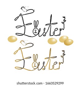 Continuous one line Easter word hand written on white background. Font with rabbit, tulip and bird silhouette. Vector illustration