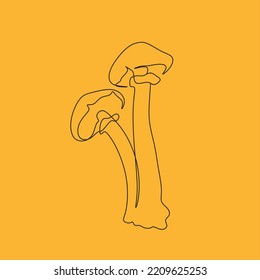 Continuous one line of edible mushroom in silhouette. Minimal style. Perfect for cards, party invitations, posters, stickers, clothing. Black abstract icon.