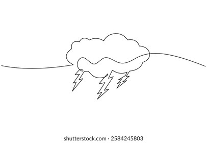 Continuous one line editable drawing of thundercloud and lightning, Single continuous line art rainy stormy cloud. Sad emotional cloudy weather lightning design concept.