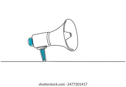 Durchgehend eine Linie des elektronischen Megaphons in Silhouette auf weißem Hintergrund. Linear stilisiert. Minimalistische Hand mit Megaphon Continuous One Line Minimal Drawing. Kommunikationsgeschäftskonzept