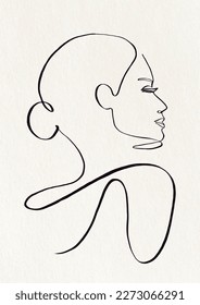 Continuous One Line Woman’s Face Drawing On White Background With Paper Texture. Simple Style Hand Drawn Portrait Of A Woman. Vector Graphic Design.