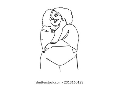 continuous one line face plus size woman hug yourself love yourself positive energy hand drawn illustration vector beautiful woman simple lines