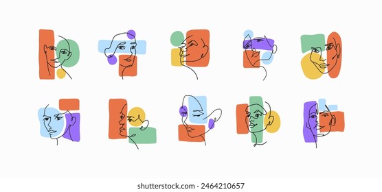 Continuous one line faces set. Trendy sketches of abstract portraits with colourful geometric shapes. Fashion art of women, girls, men heads. Outline isolated vector illustrations on white background