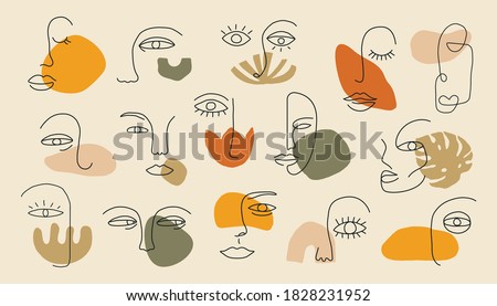 Continuous one line faces set. Contemporary abstract shapes with doodle hand drawn people face. Vector art.