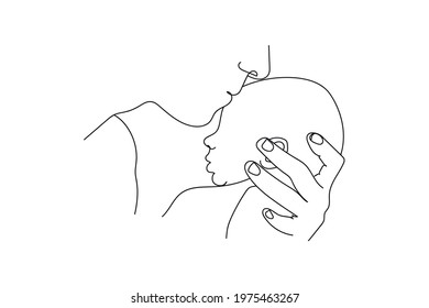 Continuous one line of father hugging a little baby in silhouette. Linear stylized. Minimalist. Fathers day banner concept
