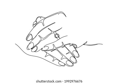 Continuous one line of female hands with a ring in silhouette on a white background. Linear stylized.Minimalist. Beauty health