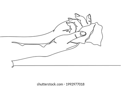 Continuous one line of female hands with wet wipe in silhouette on a white background. Linear stylized.Minimalist. Beauty health