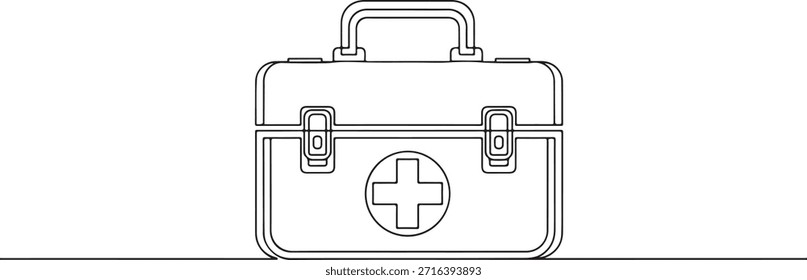 Continuous one line of a first aid kit, workplace health and safety theme, hand drawn vector illustration.	