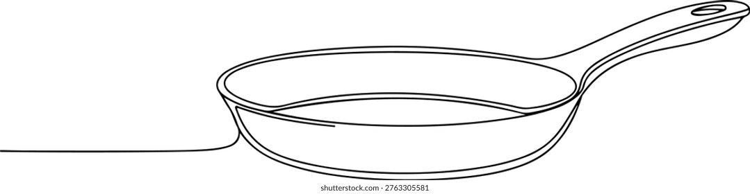 Continuous one line of a flat pan, modern practical cooking symbol, style hand drawing vector illustration.