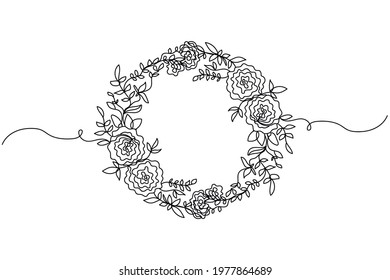 Continuous one line of flowers round wreath in silhouette. Linear stylized. Minimalist.
