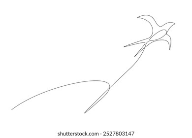 Continuous one line of Flying Bird Illustration in Vector Art, Swallow flying simply hand drawn line art isolated on white background with copy space