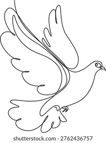 Continuous one line of a flying mourning dove, minimalist black and white bird silhouette on a plain background