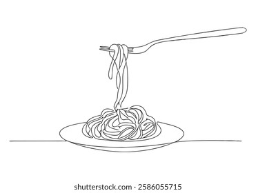 Continuous One Line Fork with Noodles on Plate | Minimalist Food Vector Illustration