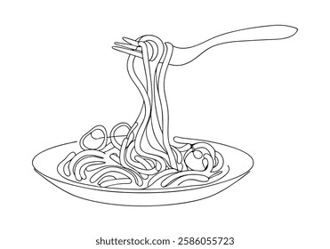 Continuous One Line Fork with Noodles on Plate | Minimalist Food Vector Illustration
