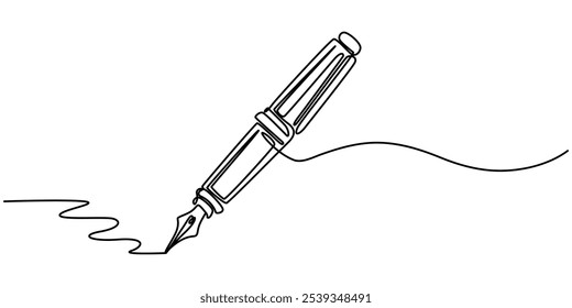 Continuous one line of fountain pen in silhouette on a white background. Linear stylized.Minimalist, Pen, Signature Continuous Line Icon, Fountain pen continuous one line drawing. Writing or signing.