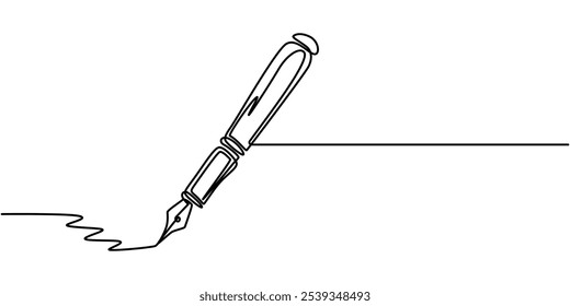 Continuous one line of fountain pen in silhouette on a white background. Linear stylized.Minimalist, Pen, Signature Continuous Line Icon, Fountain pen continuous one line drawing. Writing or signing.