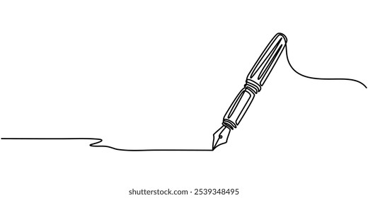 Continuous one line of fountain pen in silhouette on a white background. Linear stylized.Minimalist, Pen, Signature Continuous Line Icon, Fountain pen continuous one line drawing. Writing or signing.