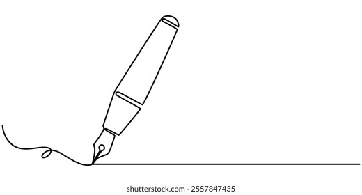 Continuous one line of fountain pen in silhouette on a white background. Linear stylized.Minimalist, Continuous one line of fountain pen in silhouette on a white background. Linear stylized. Minimal.