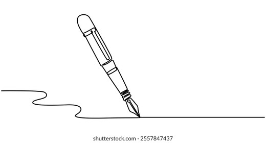 Continuous one line of fountain pen in silhouette on a white background. Linear stylized.Minimalist, Continuous one line of fountain pen in silhouette on a white background. Linear stylized. Minimal.