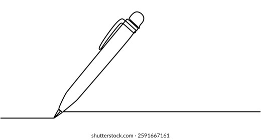 Continuous one line of fountain pen in silhouette on a white background. Linear stylized.Minimalist, Pen Signature Continuous Line Icon, Pencil Line Icon Editable Stroke, One continuous line of pen.