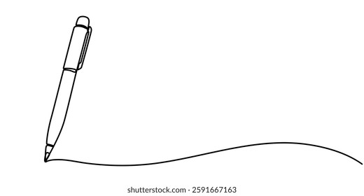 Continuous one line of fountain pen in silhouette on a white background. Linear stylized.Minimalist, Pen Signature Continuous Line Icon, Pencil Line Icon Editable Stroke, One continuous line of pen.