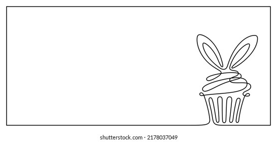 Continuous one line frame with Christmas or Easter cake, muffin, cupcake with rabbit ears. Vector greeting card, background with outline Chinese New Year symbol 2023 and copy space for text