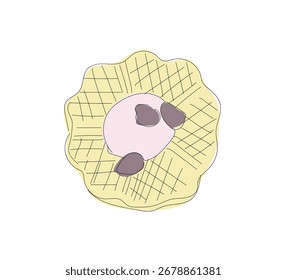 Continuous one line of freshly baked belgian waffle. Vector illustration of Waffles with ice cream and berry on plate.  Hand made vector not Al.