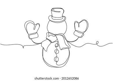 Continuous one line of funny snowman christmas style in silhouette on a white background. Linear stylized.Minimalist.