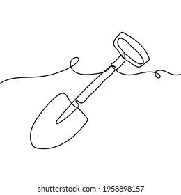 Continuous one line of garden shovel in silhouette. Minimal style. Perfect for cards, party invitations, posters, stickers, clothing. Black abstract icon. Tool concept