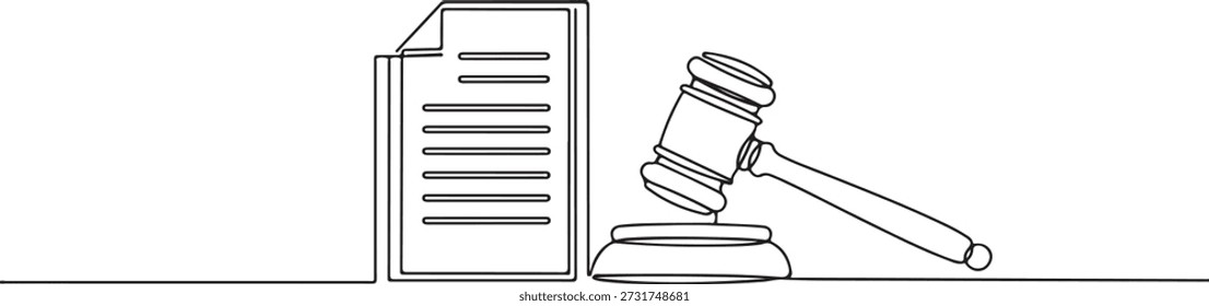 Una línea continua de un mazo que descansa junto a los documentos, el arte de la ley y la justicia, dibujó Ilustración vectorial.