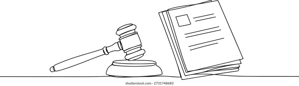 Una línea continua de un mazo que descansa junto a los documentos, el arte de la ley y la justicia, dibujó Ilustración vectorial.