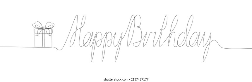 Continuous One line gift box with ribbon and bow and words happy birthday. Continuous single line . Happy Birthday handwritten lettering. One  line drawing text design. Vector illustration