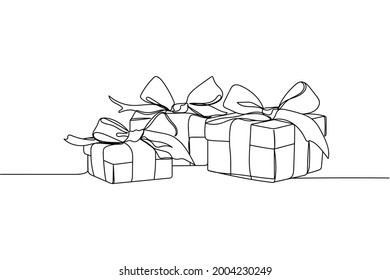 Continuous one line of gift boxes christmas or birthday ​concept in silhouette on a white background. Linear stylized.Minimalist