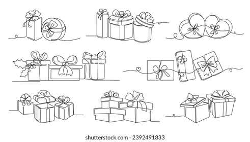 Regalos continuos de una línea. Cajas de regalo para Navidad y regalos de cumpleaños. Icono de dibujo de vector de trazo único conjunto de ilustración de vacaciones presentes