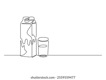 Continuous one line glass of milk and milk package. Single line milk and carton box, organic food concept. Modern graphic illustration