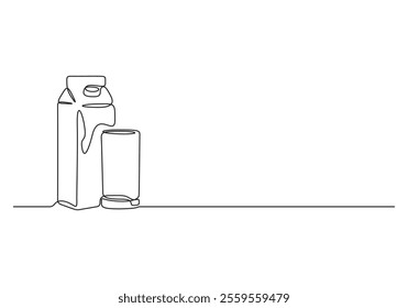 Continuous one line glass of milk and milk package. Single line milk and carton box, organic food concept. Modern graphic illustration