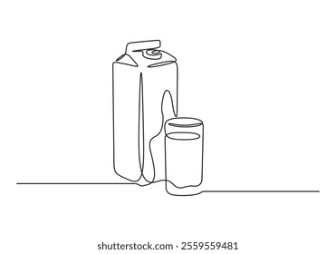 Continuous one line glass of milk and milk package. Single line milk and carton box, organic food concept. Modern graphic illustration