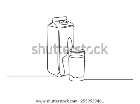 Continuous one line glass of milk and milk package. Single line milk and carton box, organic food concept. Modern graphic illustration