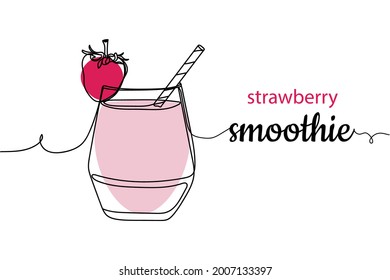 Continuous one line of glass of tasty strawberry smoothie in silhouette on a white background. Linear stylized.Minimalist.