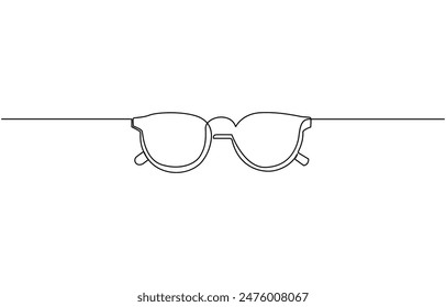 Continuous one line of glasses for vision in silhouette on a white background. Linear stylized. Minimalist. Continuous one line drawing of trendy sunglasses. Eyeglasses outline vector illustration.