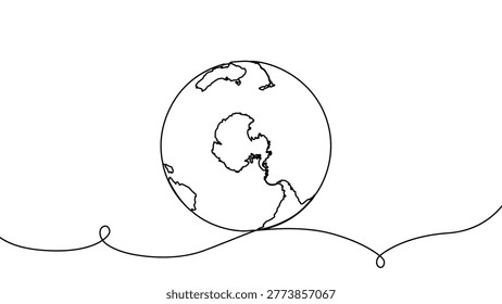 Continuous one line globe earth art world sustainable education outline. Earth globe tree science leaf environment drawing health book illustration planet doodle history student day school college big