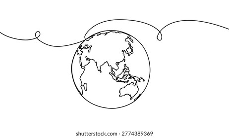 Continuous one line globe earth art world sustainable education outline. Earth globe tree science leaf environment drawing health book illustration planet doodle history student day school college big