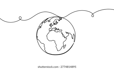 Continuous one line globe earth art world sustainable education outline. Earth globe tree science leaf environment drawing health book illustration planet doodle history student day school college big