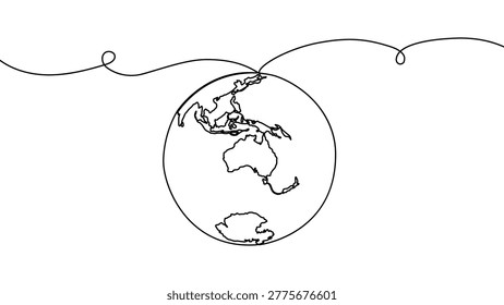 Continuous one line globe earth art world sustainable education outline. Earth globe tree science leaf environment drawing health book illustration planet doodle history student day school college big