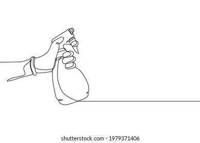 Continuous one line of gloved hand holds a bottle of antiseptic spray antibacterial liquid in silhouette. Linear stylized.Minimalist.