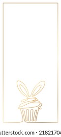 Continuous one line golden frame with Christmas or Easter cake, muffin, cupcake with rabbit ears. Vector greeting card, background with outline Chinese New Year symbol 2023 and copy space for text