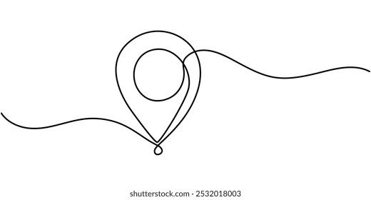 continuous one line google map point route directions and location outline vector art illustration, Single line line map symbol, location point for business. Pin location, geosign of a editable line