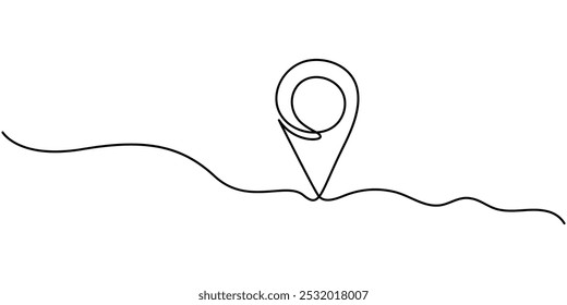 continuous one line google map point route directions and location outline vector art illustration, Single line line map symbol, location point for business. Pin location, geosign of a editable line