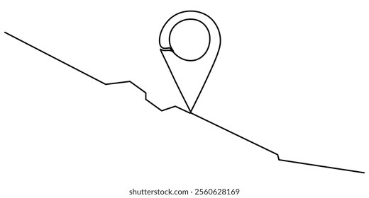 continuous one line google map point route directions and location outline vector art illustration, Single line is creating a location pin over a wavy road. Vector illustration, Continuous one line.